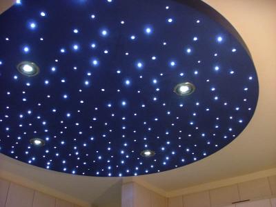 LED csillagos égbolt izzókkal, sötétkék alapon, fürdőszobában